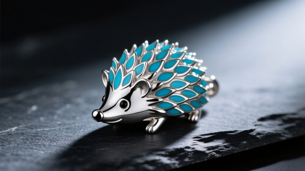 Macro photo of a sterling silver hedgehog pendant with cyan enamel accents, resting on dark slate under dramatic studio lighting.