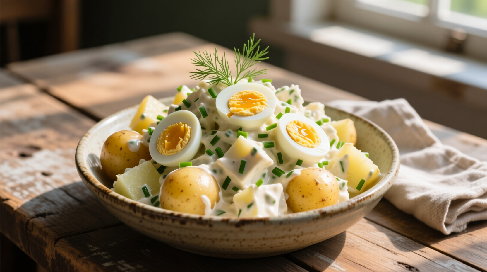 Creamy potato salad with eggs in serving bowl