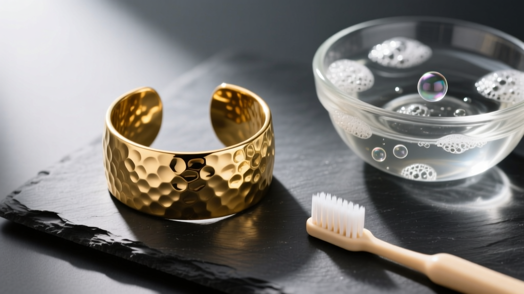 Top-down view of a textured 14k gold hammered cuff on dark slate next to a glass bowl of soapy water and a soft baby toothbrush.