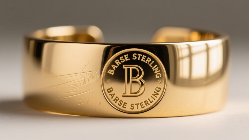 Extreme macro close-up of a deeply struck Barse Sterling hallmark stamp on the back of a gold vermeil mid-century cuff bracelet