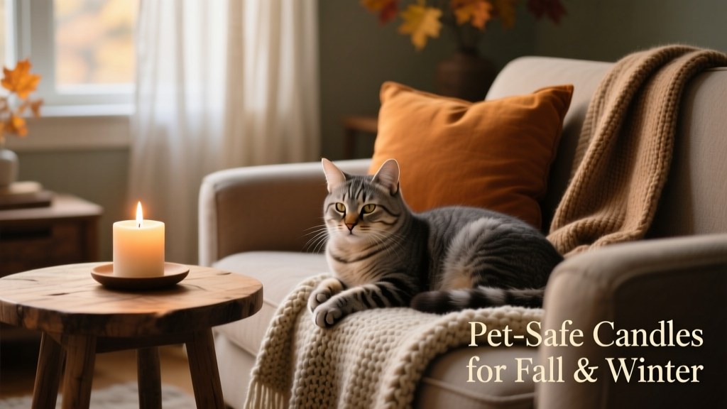 A cozy living room with soft lighting, a lit soy candle on a wooden side table, and a cat resting nearby on a blanket