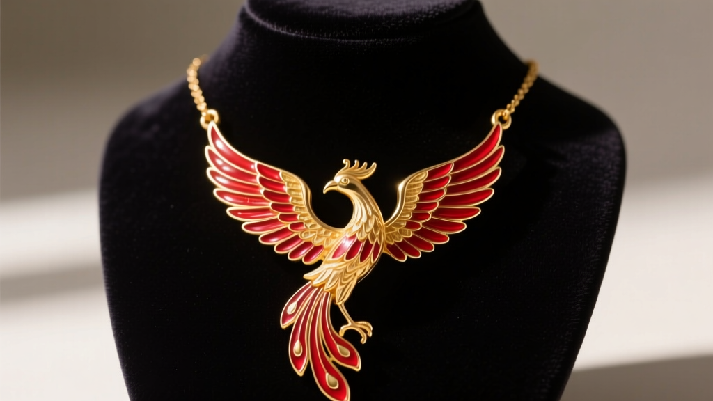 Close-up of a custom gold and red enamel phoenix bird pendant necklace resting on a dark velvet jewelry display bust in warm light