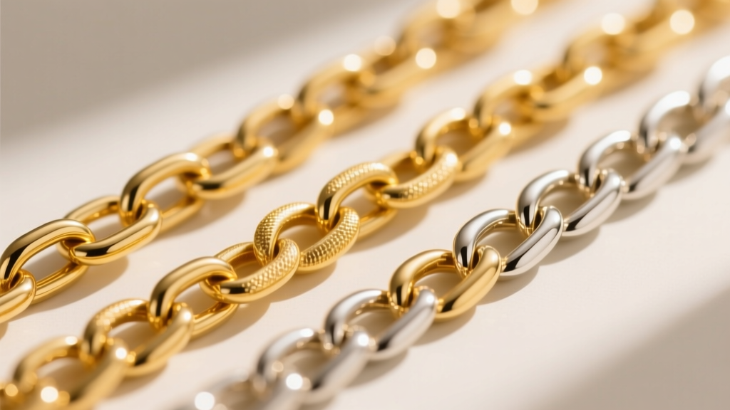 Macro shot of 9k, 14k, and 18k gold chain links side-by-side, highlighting subtle color warmth differences and high metal polish