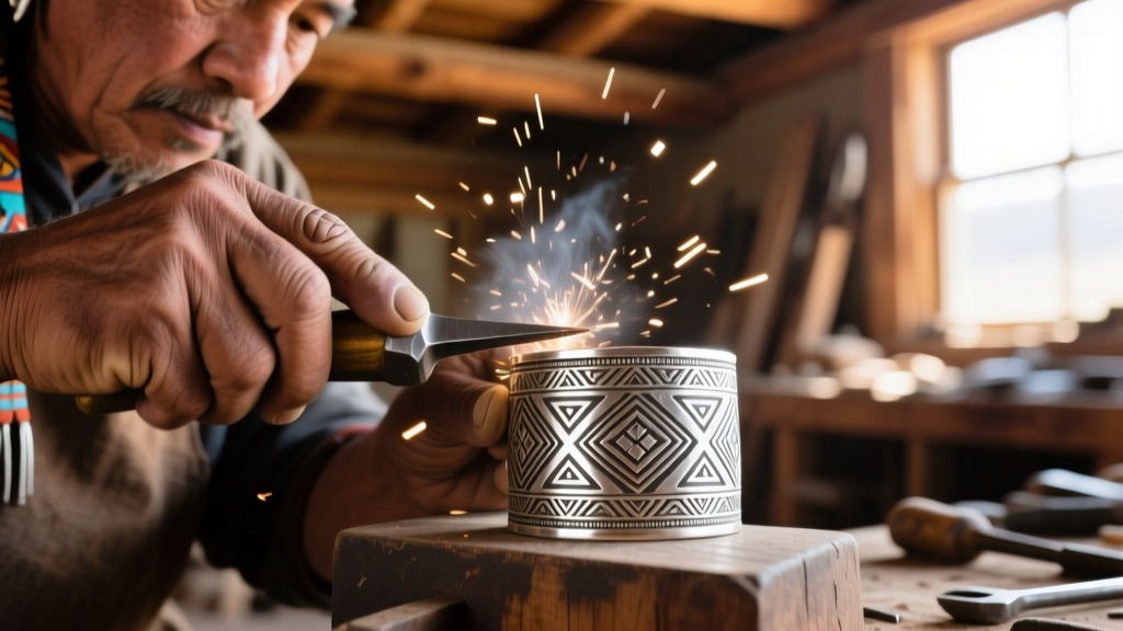 Artisan stamping a heavy gauge sterling silver cuff bracelet with traditional Navajo geometric patterns using steel tools