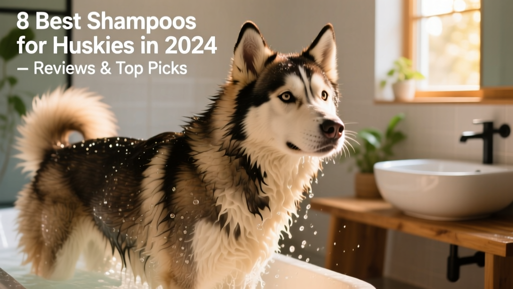 Husky mid-bath with wet, glistening coat; loose fur visibly lifting away from the skin