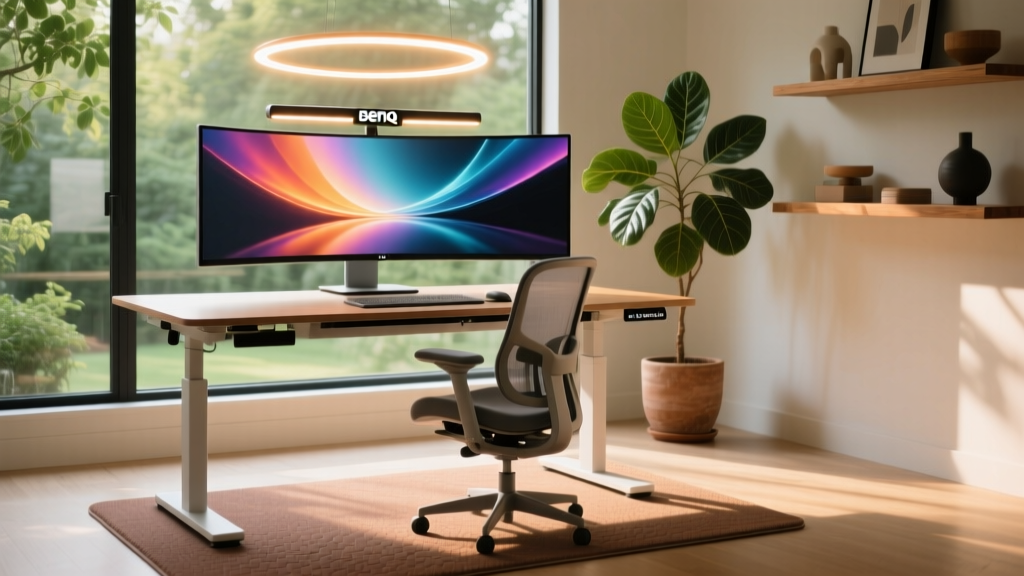 Ergonomic standing desk setup with curved ultrawide monitor, BenQ ScreenBar Halo, and anti-fatigue mat in a sunlit home office