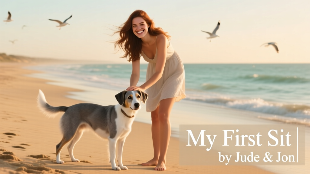 A woman on the beach smiling at the camera, petting a grey and white dog