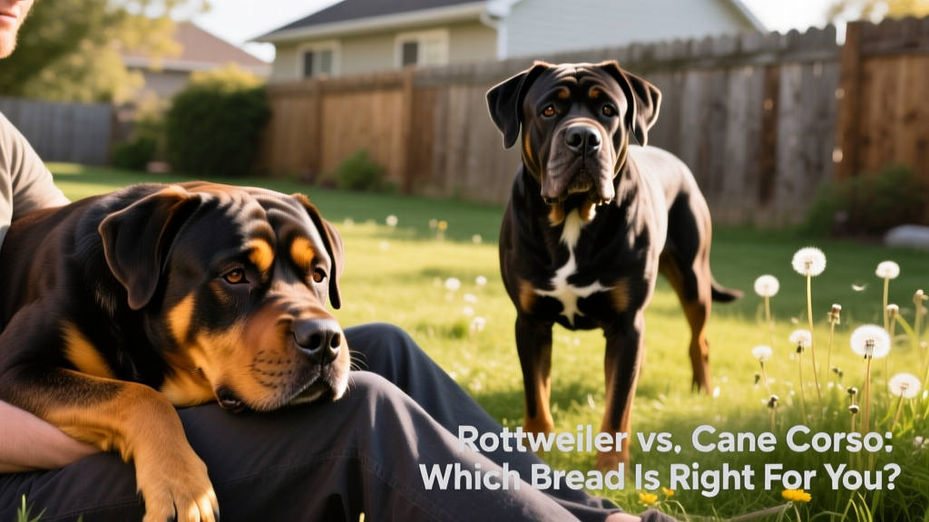 Rottweiler resting its head on a person's lap; Cane Corso standing attentively beside its owner outdoors