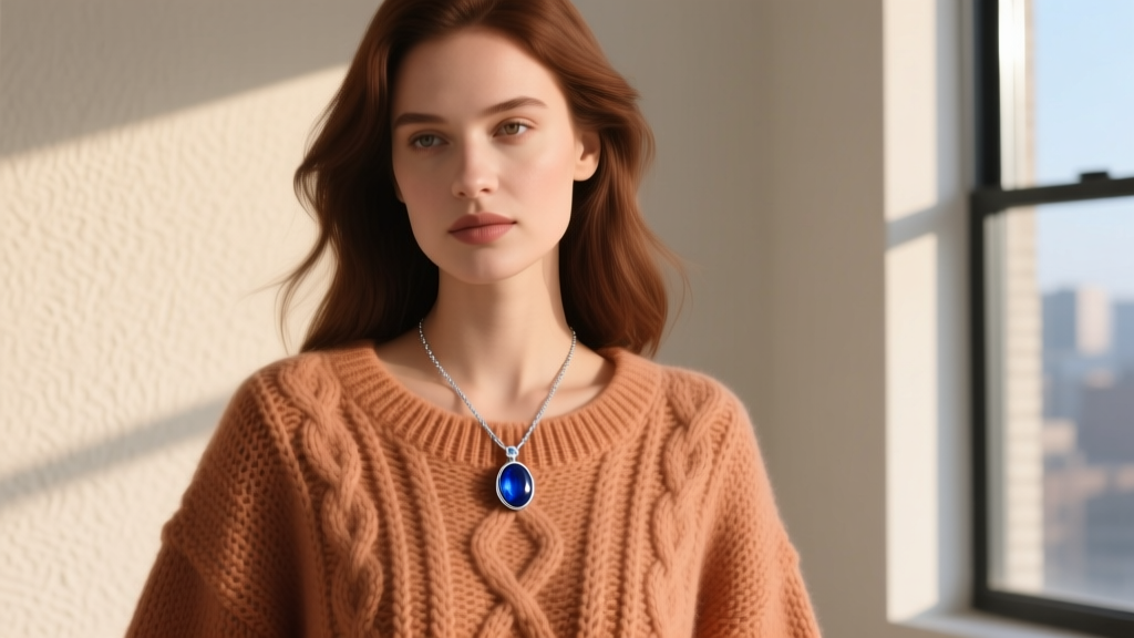 Woman wearing a sterling silver mood necklace with a deep blue cabochon, contrasting against a warm-toned knitted sweater.