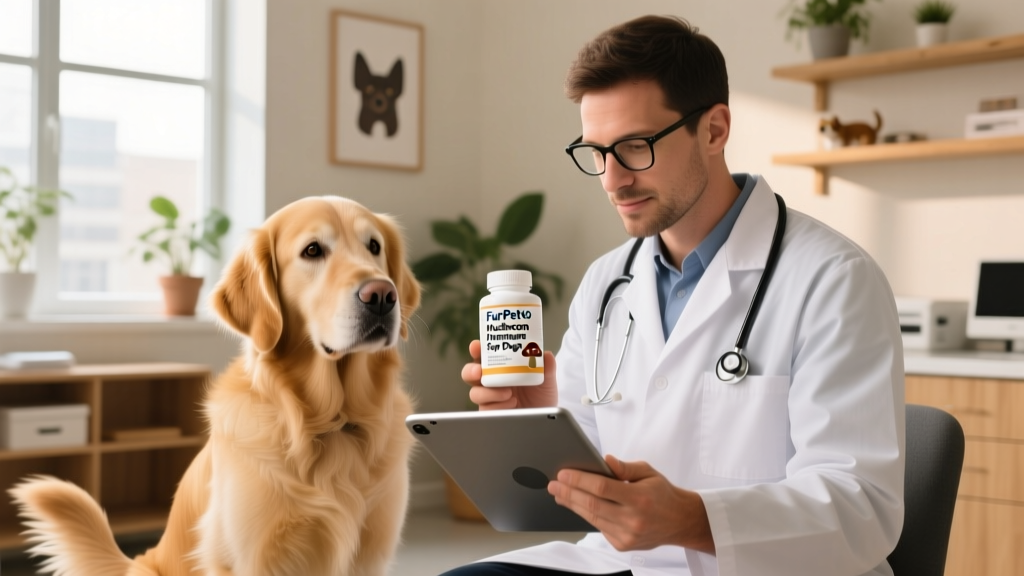 A veterinarian reviewing a dog's health record while holding a FurPetVo mushroom supplement bottle