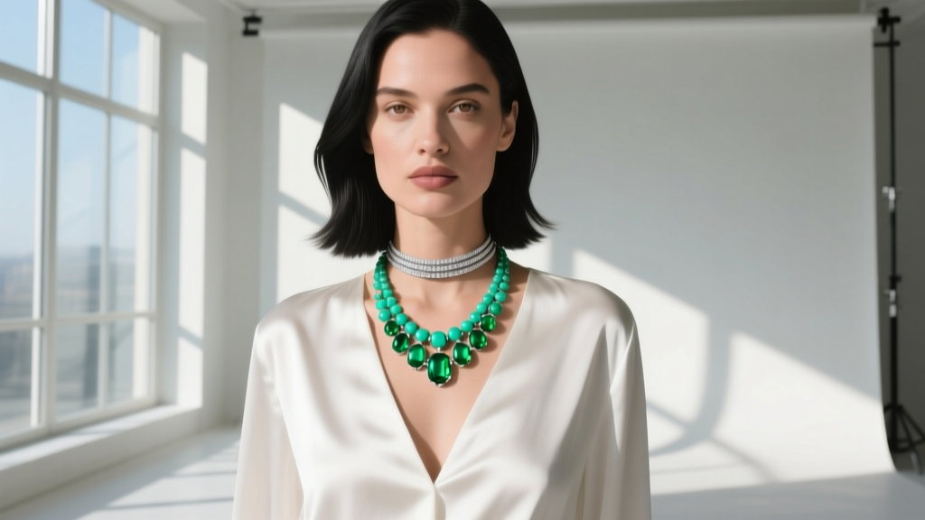 Woman wearing a choker and princess-length chrysoprase bead necklace over a white silk blouse, illuminated by natural daylight.