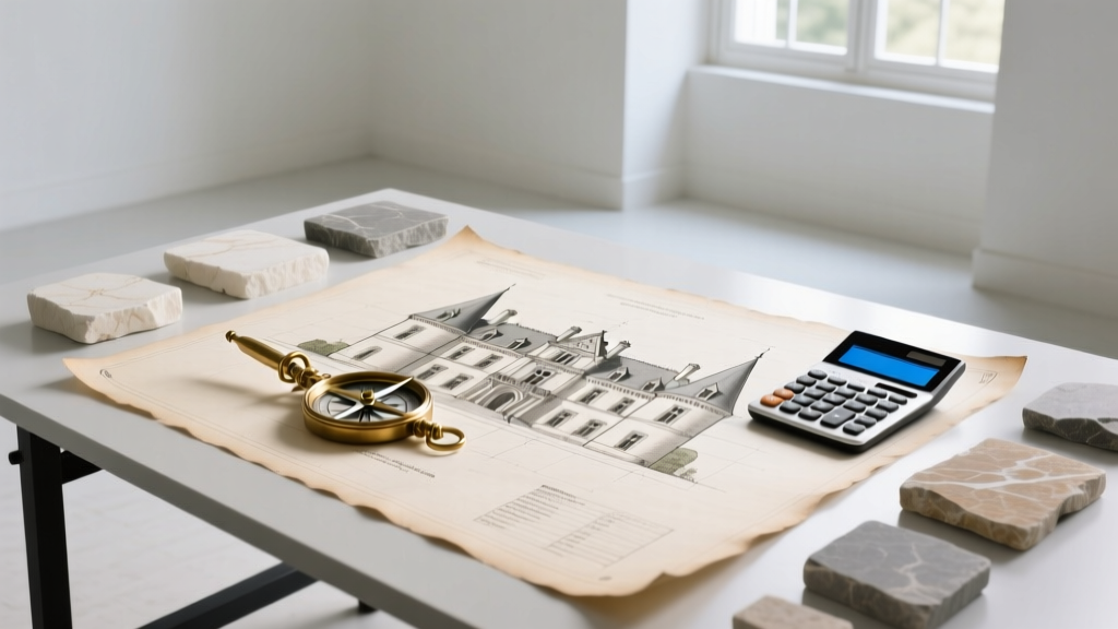 Grand stone chateau architectural blueprint on a drafting table with a brass compass, modern calculator, and limestone material samples