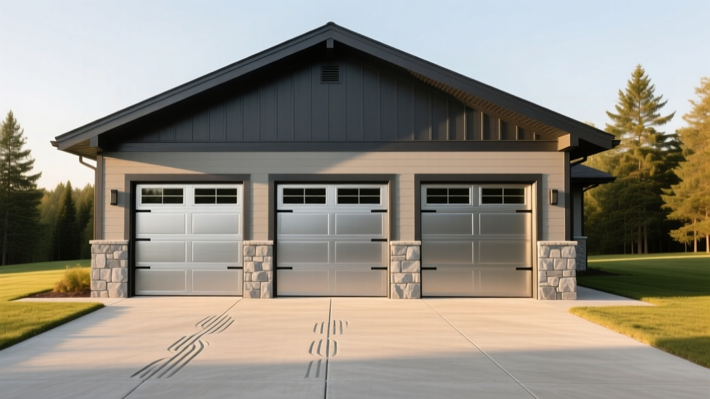 Completed 40x40 steel-framed garage with three overhead doors, concrete driveway, and stone wainscoting under a gable roof
