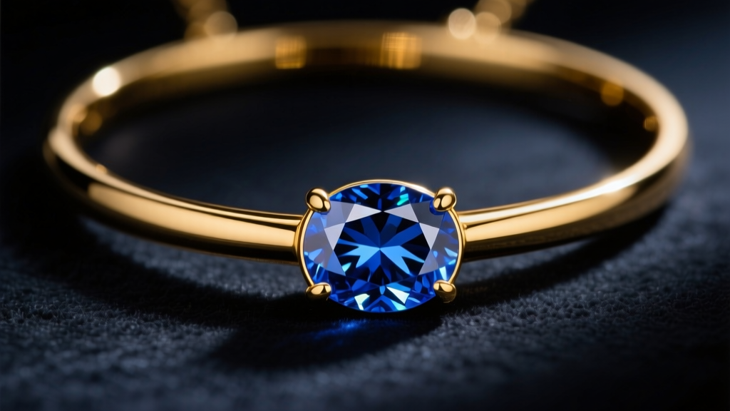 Close-up of 14k yellow gold necklace with bezel-set oval lab-grown blue sapphire on dark velvet under moody lighting.