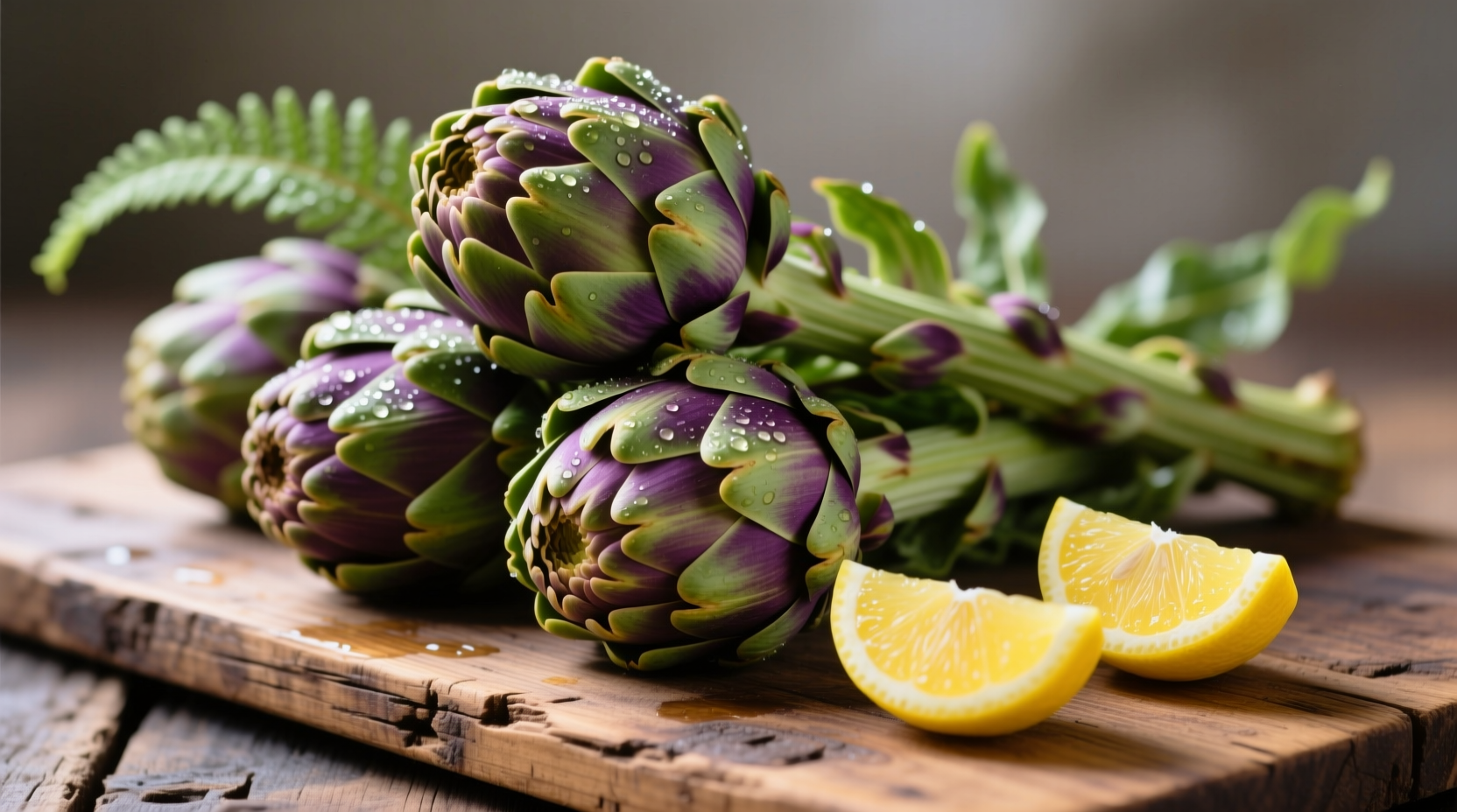 Fresh artichokes with lemon wedges on wooden board