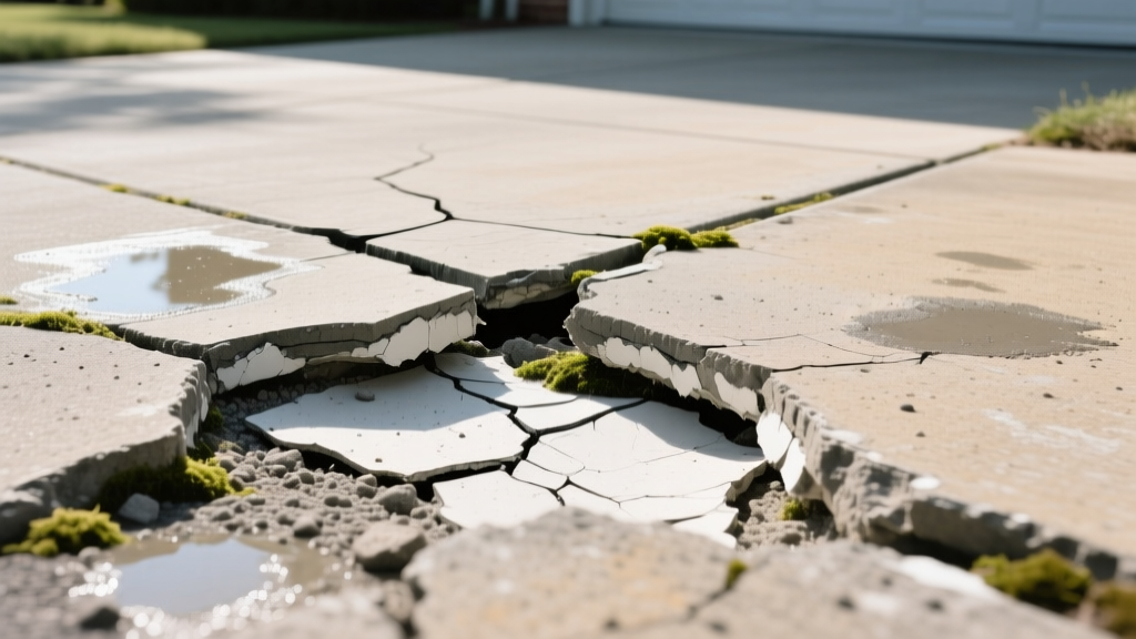 Close-up of a cracked concrete driveway patch showing delamination where a cement slurry bonding coat failed beneath a rigid concrete overlay