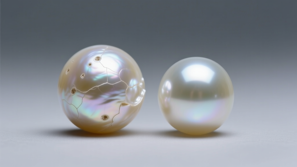 Macro view of a real freshwater pearl with subtle blemishes beside a perfectly round simulated glass pearl on a soft gray backdrop.