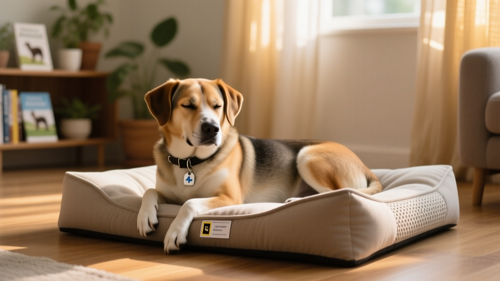 A calm dog resting on a soft orthopedic bed with a gentle expression, surrounded by quiet indoor lighting