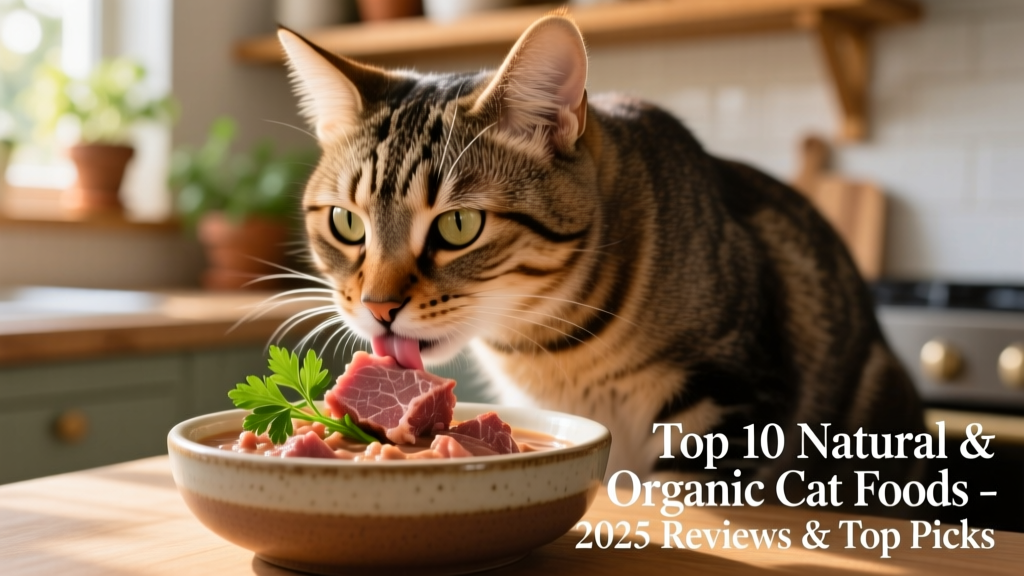 A close-up of a sleek, healthy cat enjoying a bowl of high-protein wet food with visible chunks of real meat and herbs