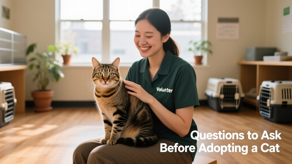 A friendly, relaxed cat sitting calmly on a shelter volunteer's lap