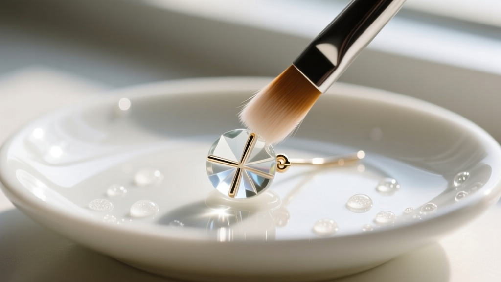 Close-up of a soft brush cleaning a glass seed bead earring with mild soapy water on a white ceramic dish in bright natural daylight