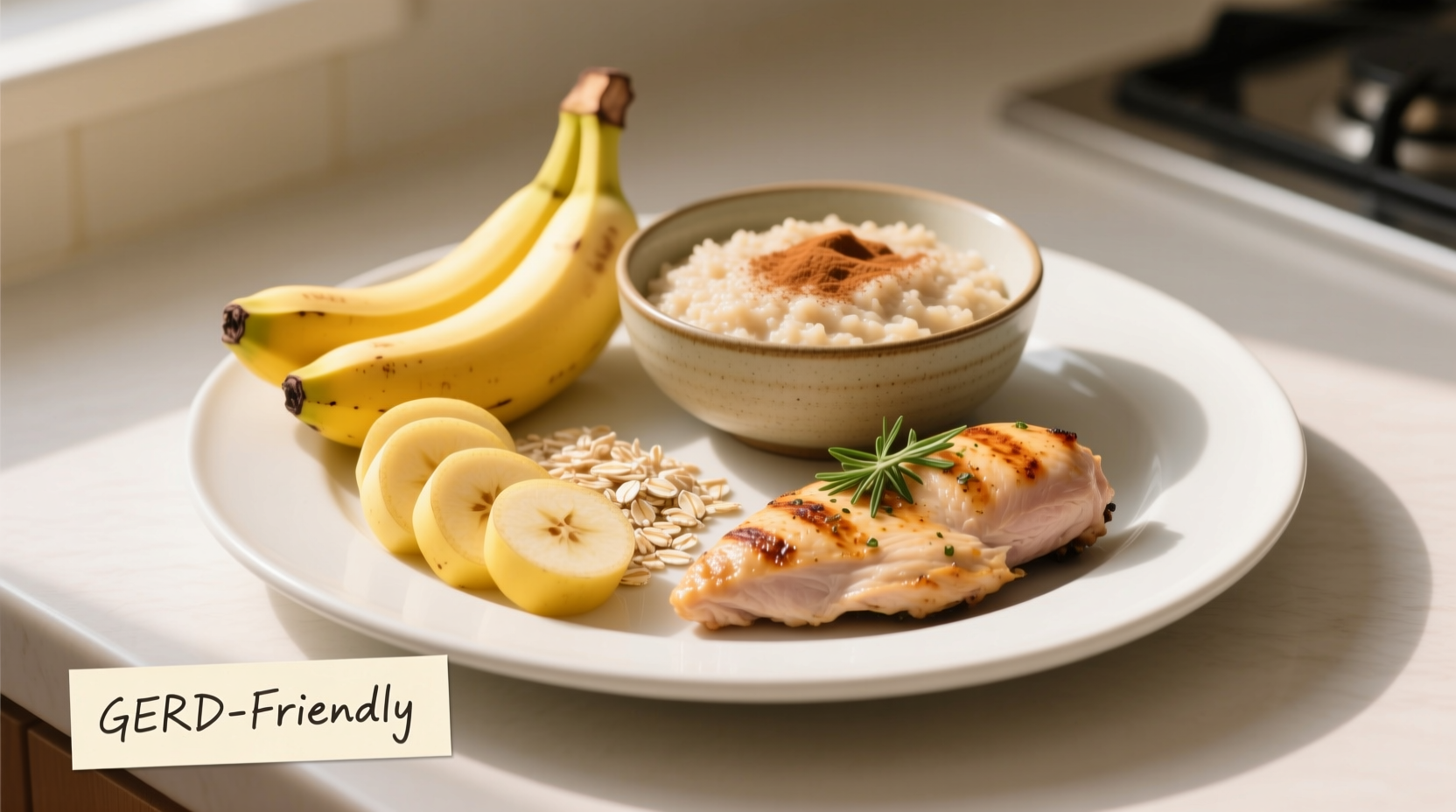 Plate of GERD-friendly foods including bananas, oatmeal, and grilled chicken