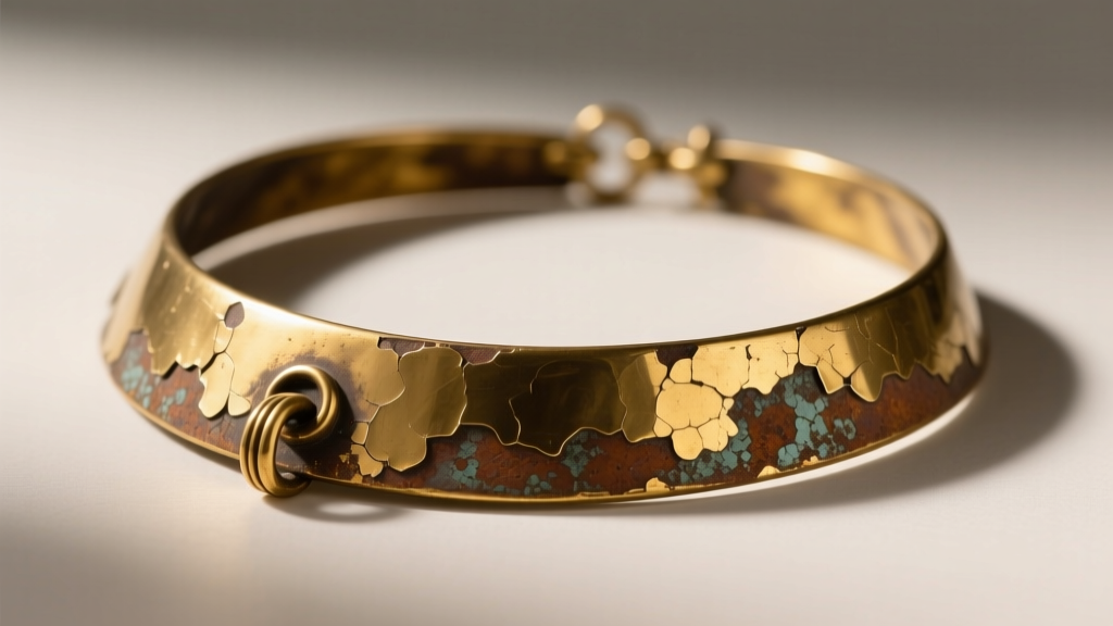 Side profile of a tarnished brass empty tomb necklace with peeling gold plating revealing dull base metal underneath near the bail