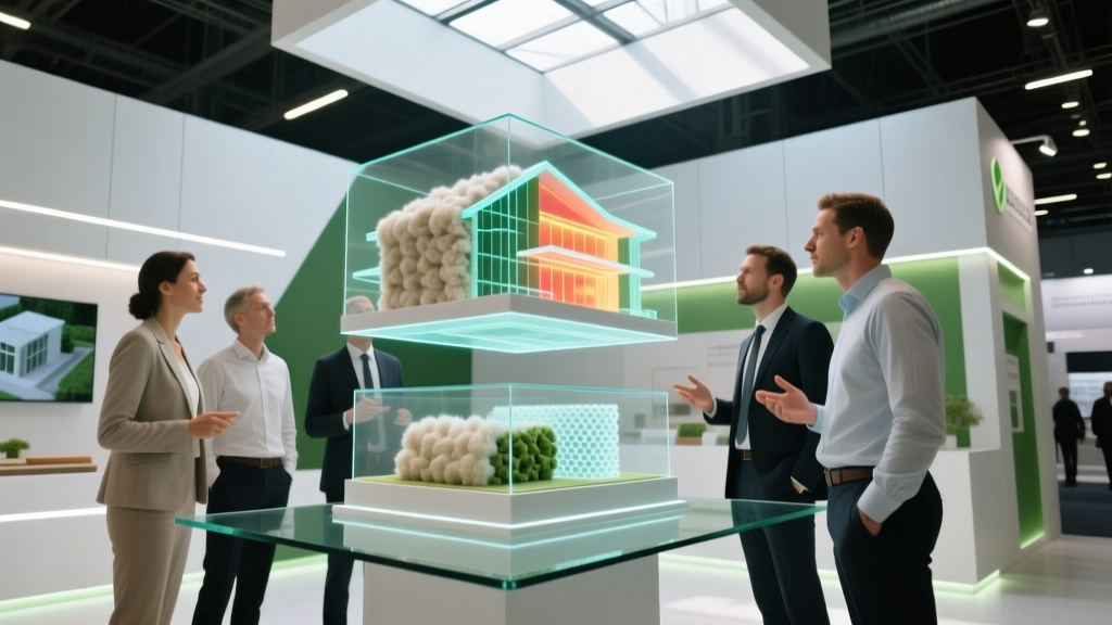 Modern trade show booth displaying interactive digital BIM models of sustainable insulation materials to a group of commercial architects