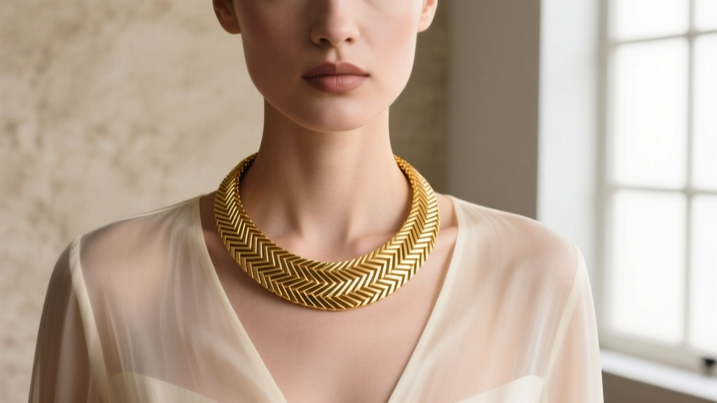 Profile of a model wearing a 16-inch herringbone gold necklace laying flat against the collarbone under a neutral silk blouse