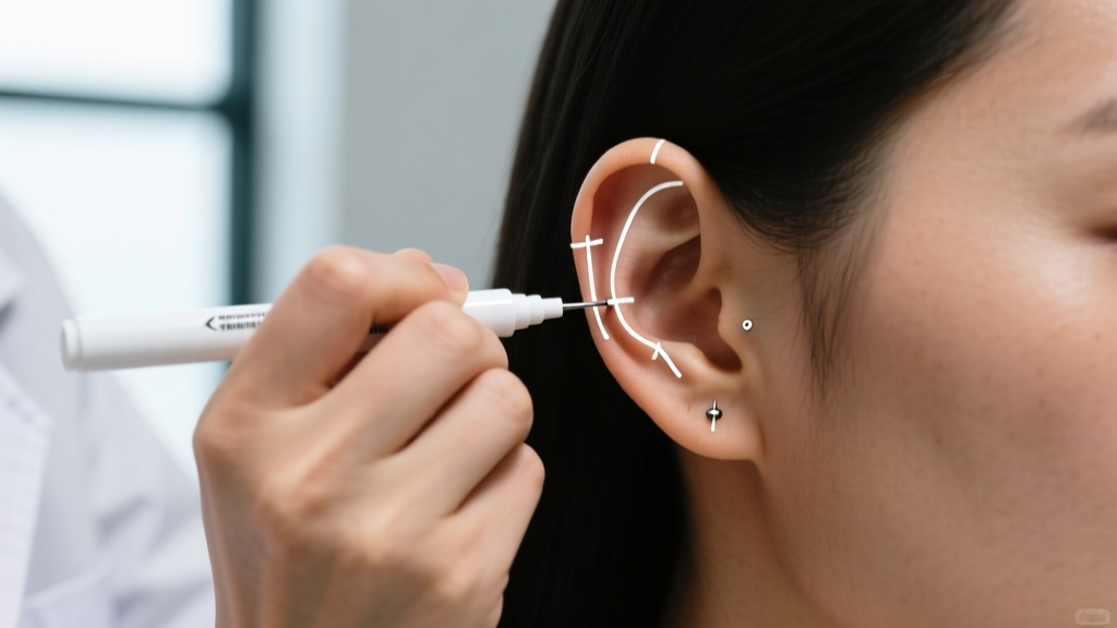 Professional piercer using a white surgical marker to map out a helix and flat piercing layout on a client's upper ear cartilage.