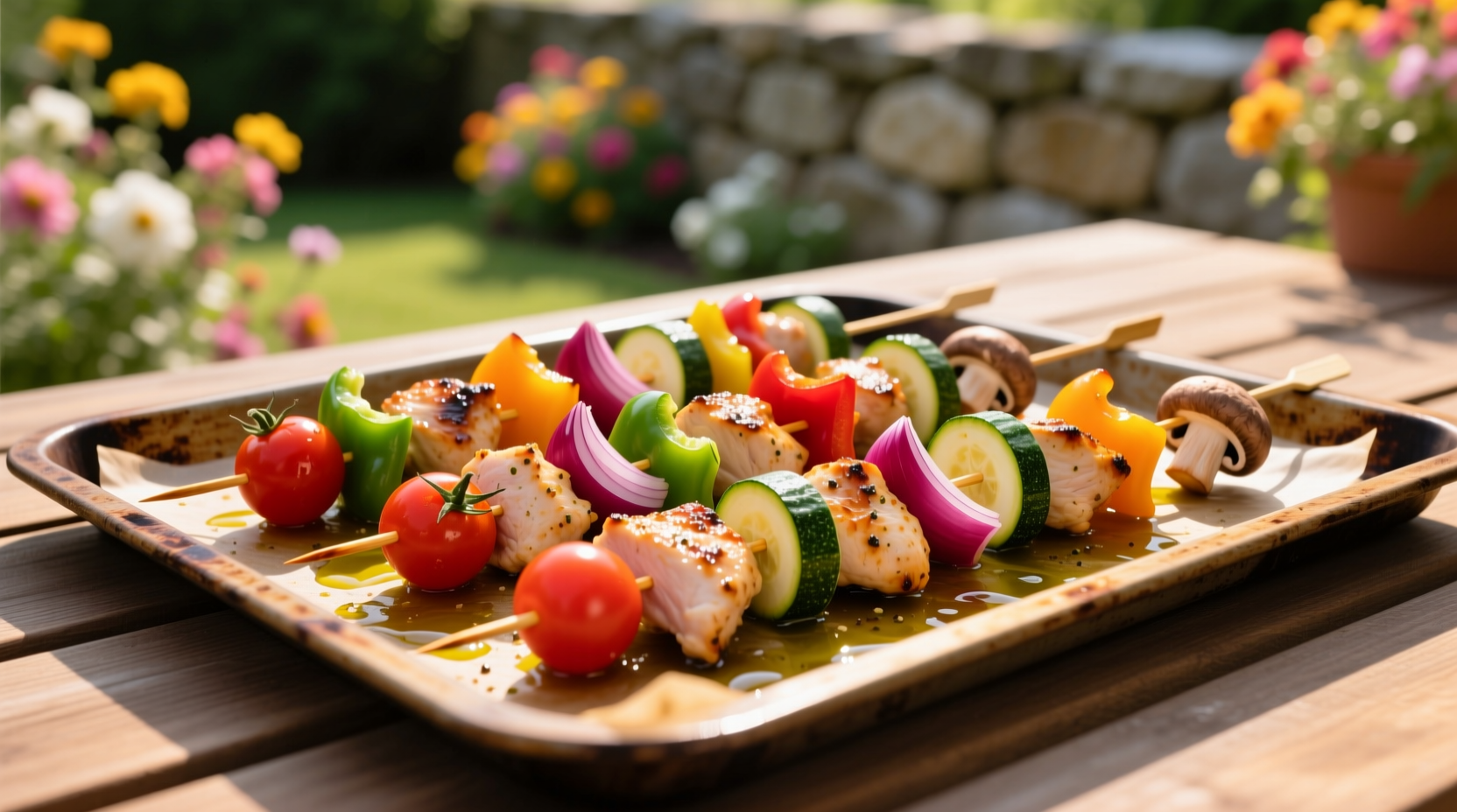 Colorful chicken and vegetable kabobs arranged on baking sheet