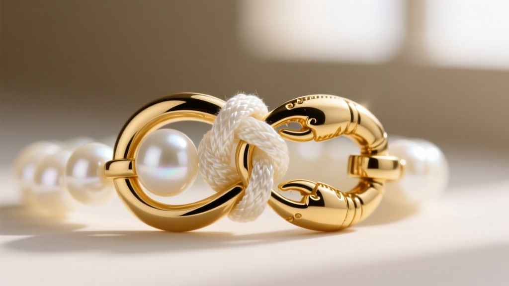 Macro shot of a 14k gold lobster clasp securing knotted white rice pearls, highlighting the silk thread and polished metal finish