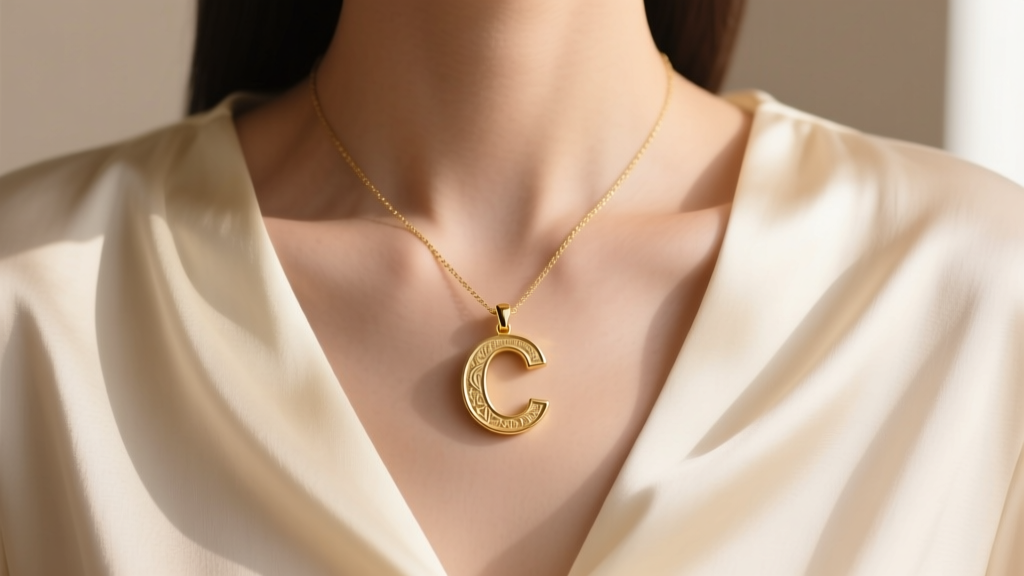 14k gold letter C pendant on a fine chain resting on a collarbone against a cream silk blouse, shot in soft natural window light.