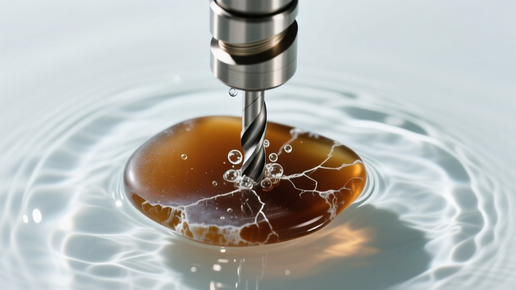 Overhead view of flex shaft drill with 1mm diamond core bit submerged in water bath, drilling into a piece of brown sea glass.