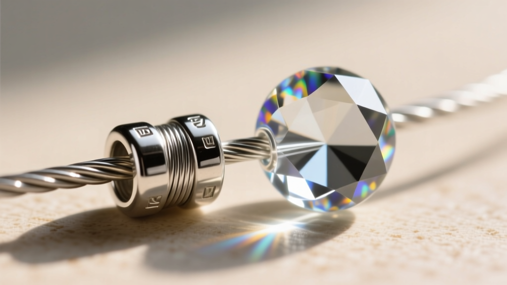 Macro shot of a sterling silver crimp tube securing a nylon-coated steel beading wire next to a faceted 8mm glass crystal bead