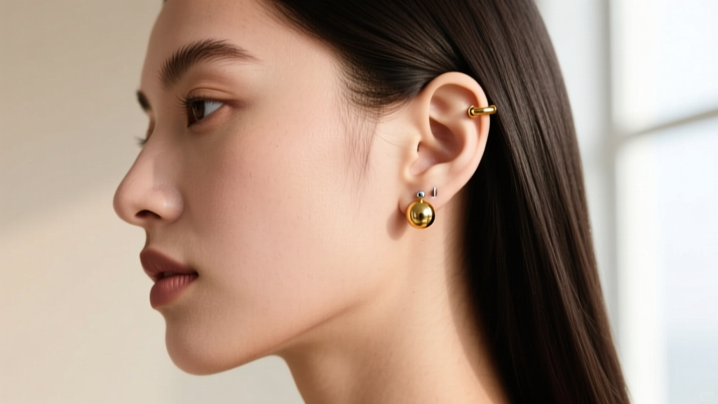Side profile of a model wearing a 14-gauge gold captive bead ring in a helix piercing, highlighting the precise bead tension fit