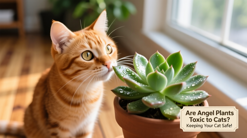 Close-up of a curious cat gently sniffing a potted FurPetVo angel plant, with soft natural lighting highlighting both the cat’s whiskers and the plant’s glossy leaves