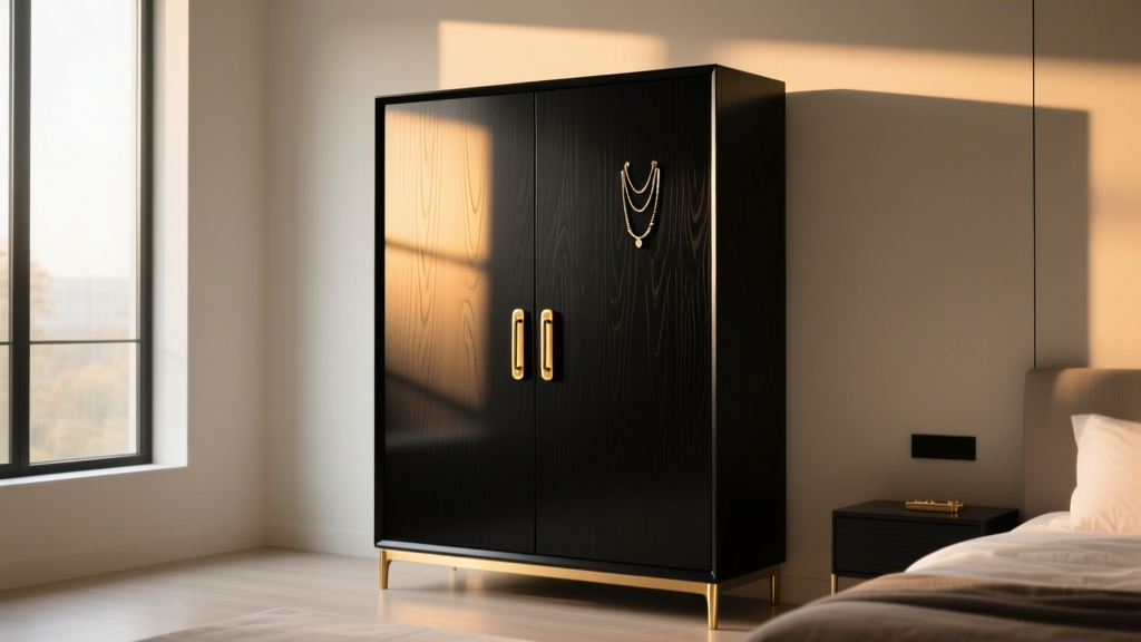 Matte black jewelry armoire in a modern bedroom with brass handles and warm lighting highlighting the dark wood finish.