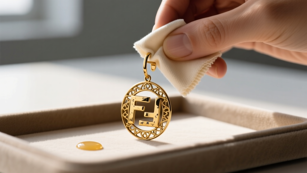Jeweler using a soft microfiber cloth and non-ammonia polishing cream to gently clean a tarnished brass Fendi drop earring.