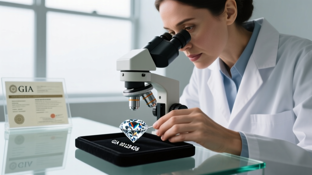 Gemologist checking a diamond girdle inscription under a microscope, with a GIA certificate blurred in the background.