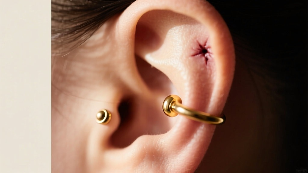 Side profile of an ear showing a healed daith piercing with a gold captive bead ring, highlighting the inner cartilage fold.