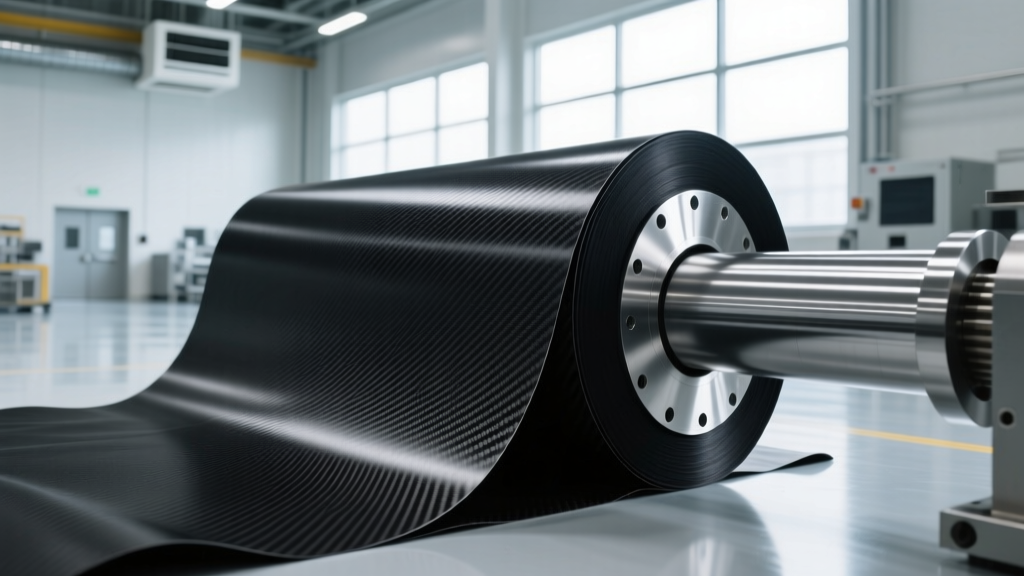 Close-up of aerospace-grade carbon fiber prepreg rolls being layered on a titanium mandrel inside a cleanroom aircraft manufacturing facility