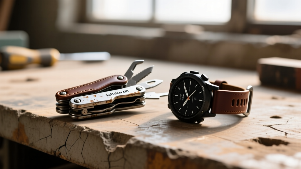 Battered Leatherman Arc multi-tool and scratched Garmin Instinct 3 smartwatch resting on a scarred concrete workbench