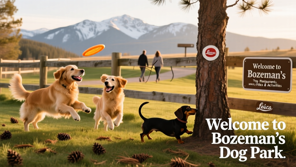 Dogs playing together at a fenced dog park in Bozeman, Montana