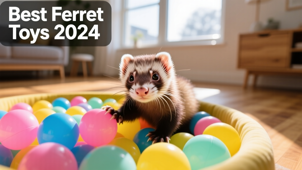 A curious ferret exploring a colorful ball pit filled with soft plastic balls