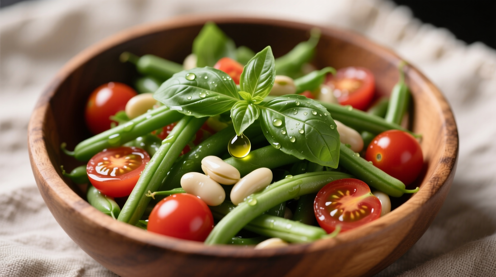 Fresh green bean tomato salad with basil garnish