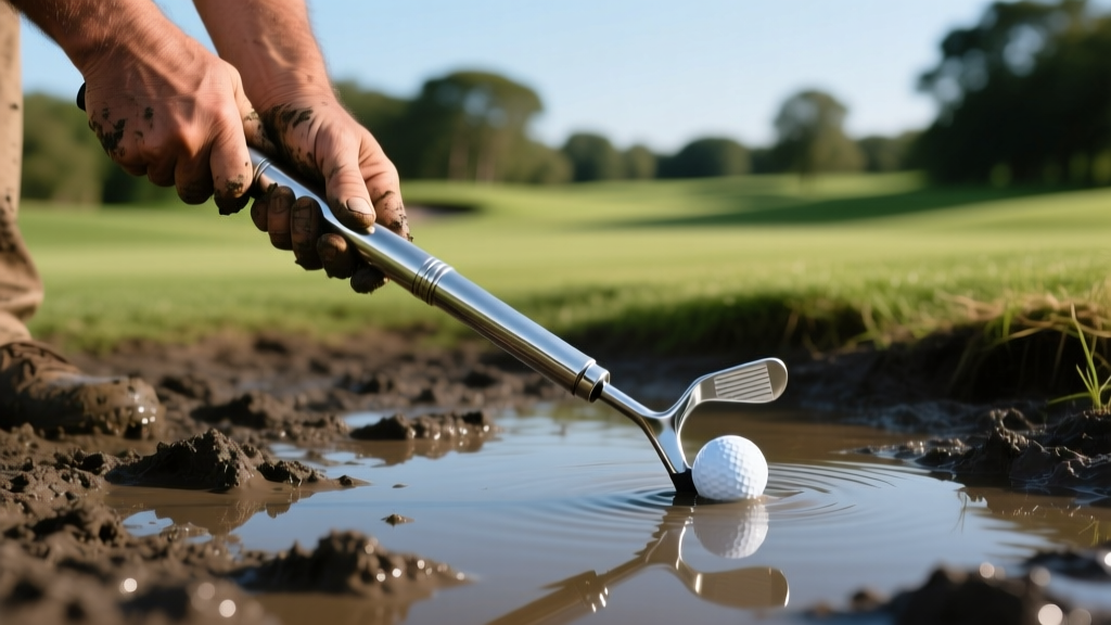 Hands holding a metallic telescopic golf ball retriever extending over a muddy water hazard to grab a submerged white ball