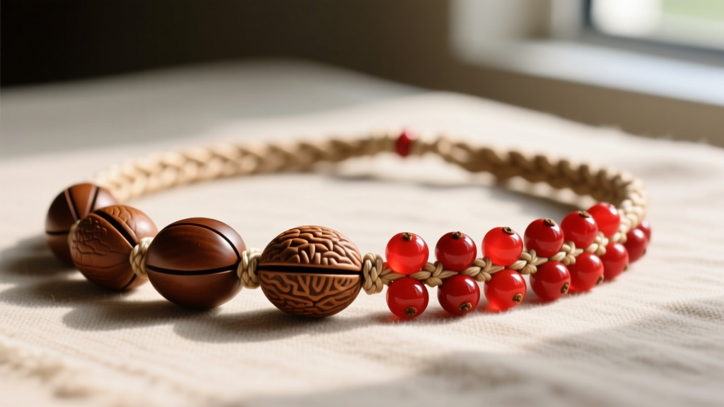 Handcrafted Hawaiian seed necklace with polished brown kukui nuts and red wiliwili seeds strung on a braided natural silk cord.