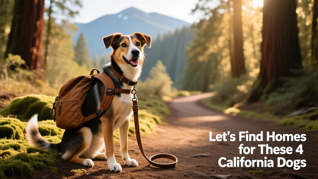 Sampson sitting beside a hiking trail with a light backpack and leash, looking alert and happy