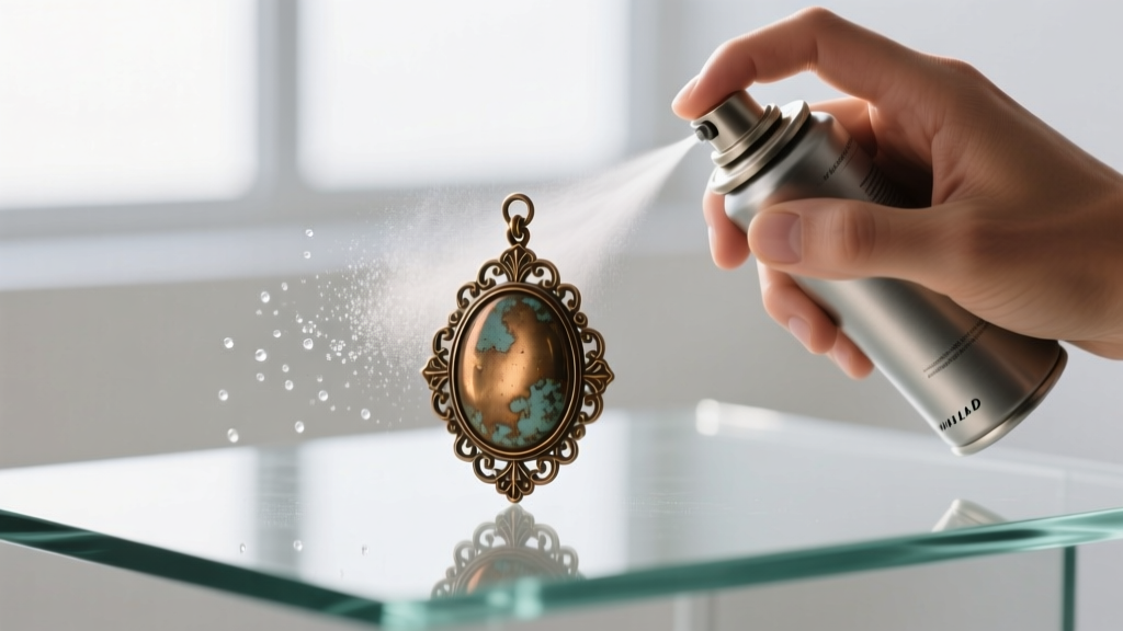 Hands applying a protective nano-ceramic jewelry coating spray onto a vintage bronze pendant resting on a clean glass workspace.